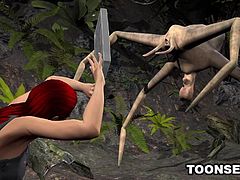 Boner inducing 3D cartoon redhead hottie getting her pussy pounded outdoors by an alien spider