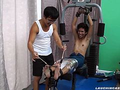 These ticklish boys just keep coming for a workout, and they surely get one This time Asian cutie Idol gets restrained to the gym equipment for a hearty tickle workout on every muscle of his Asian twink body. Ricky starts with feathering his cute little ticklish boy feet, making Idol giggle and wiggle like a school boy. Then he really gives it to him with his fingernails. Idols soft smooth soles are ticklish as fuck so Ricky spends most of his time tickling his flailing, thrashing feet.