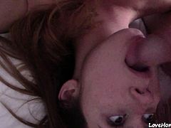 Brunette amateur chick with large melons gets pussy fucked and then jizzed on her titties.