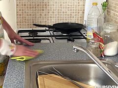 While enjoying his steak, this guy can also admire naughty Claudia's nice buttocks, as the slutty blonde teen has no underwear, just her kitchen robe. Click to watch the playful cooker showing off her other skills: sucking dick, down to the balls! Have fun.