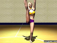 Jaw dropping 3D cartoon blonde cheerleader babe sucks and tugs on a cock before getting fucked