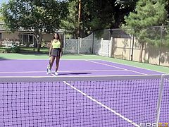 Nikki and Diamond are out playing tennis, and Jordi wants to play with them. However, tennis can't really be done with three people. The smoking hot cougars see only one game, they could play and it involves this thin guy getting his balls drained by two sporty, spicy milfs.