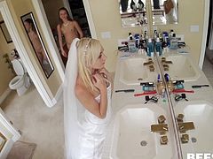 This amazing bride and these pretty bridesmaids all want the same man, so they are going to get in bed with him and fuck him hard. They help him undress and stroke off, and the two brunettes help the dudes ram the blonde's wet pussy hard.