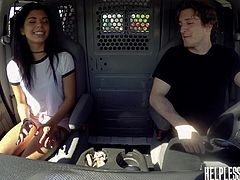 Brick Danger became horny after seeing Gina Valentina in t-shirt and shorts. After she entered his car, he tied her hands and pushed the already rock hard dick into her mouth. After face fucking her for more than ten minutes, he caressed her soft body and fucked hard.