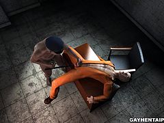 Handsome 3D cartoon prisoner sucks cock before getting his tight ass fucked and cummed on by a fat ebony cop