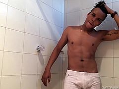 Young Latino Jason Ben sent us this amateur video of him jerking off in the shower. The smooth young man is stripped to his boxers, when he hops in the shower and starts the water. Watching this boy in his wet underwear is a highlight of his homemade video, and so is the monster uncut cock he releases from them. But he has one more surprise for us. Jason has mounted a dildo on the shower wall and he backs that fine little butt of his up to it, eventually taking every inch.