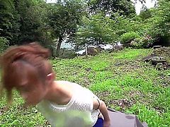 Japanese honey Mikuru Shiina displays her nice boobs as she gets her bushy Asian pussy stimulated with vibrator under the open sky, Watch exotic chick have crazy fun in nature