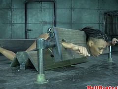 Bound ebony sub in pillory gets spanked