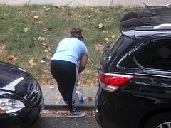 Curvy Latina Cleaning Her Car