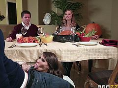 Looks like this Sunday dinner will soon turn into an orgy. The fact is that Madison got so horny, that she jumped on Johnny right during the meal and started to suck on his dick, sitting under the table, while none of the guests notices. Join us and enjoy the unpredictable plot twists!