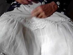 Wanking in a nylon lace petticoat and jerk off to orgasm