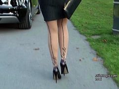 Sexy blonde gets out car in high heels and finishes you off