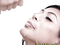 Gagging deepthroating ho gets face and mouth cum sprayed