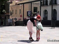 Rope bondage for petite slave in public