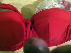 Cum on hot red bikini 80E 36DD