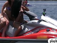 Two pretty babes 4some sex on speedboat