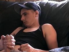 He starts playing the porn video, he pulls out his dick and tugs on it until its stiff. Vinnie lubes up his monster and starts stroking and sucking his big meat, while he watches the TV. Soon Cory explodes in Vinnies hand. Vinnie licks up whats left of his load and swallows.