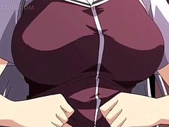 Busty hentai girl getting big boobs squeezed in close-up