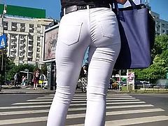 Spy white jeans sexy ass woman romanian