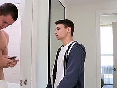 When Austin catches a glimpse of his boyfriend getting out of the shower, the horny can hardly wait to pull out his cock and stroke it, thinking of his his big bro’s meaty cock. The older brother hears what’s going on and walks in on Austin, offering to give him a hand for some service in return. Before you know it, these two boys are tugging at each other’s cocks and sucking each other off... all before little Austin opens his hole for his big brother’s load.