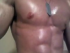 Bodybuilder Soldier Muscle Flexing While Jerking Off