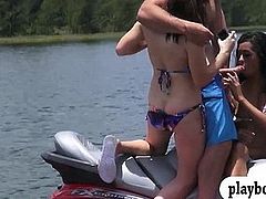Two pretty babes nasty orgy on speedboat