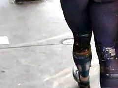 Brunette in tight space leggings (candid)