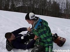 3 young guys on a snowboard holiday having 3-way fun