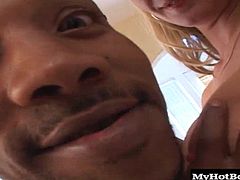 His cock is so big, she struggles to get it in her mouth for a blowjob but, when she lets him fuck her asshole, she lets out a scream that goes away after her sphincter gets used to the wide load.