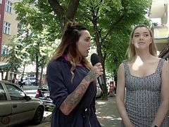 Super cute German blonde finds a random guy on the street to come back to her place. Once there, she sucks and fucks his long cock until he blasts his man goo all over her back!