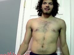 Curly hair straighty working on his fat cock solo
