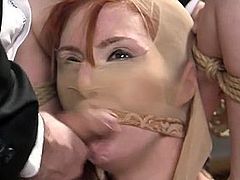 Dude anal fucked busty redhead in bondage