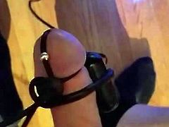 Estim and big vibrator on big cock great handsfree cum