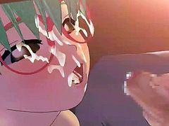 Anime beauty blowing dick gets jizzed on her glasses