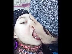 Russian Girl with Very Long Tongue Licks & Kisses her BF