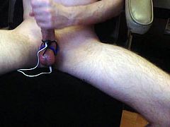 Estim edging with sounding, fleshlight and handsfree cum