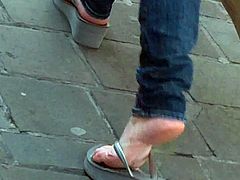 Tall Blonde In Grey Wedges Sandals & Pink Soles