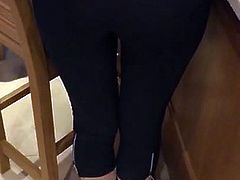 Slutty mom in transparent leggings and thong visible.