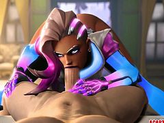 Sombra from Overwatch gets fucked hard and start blowing big dicks just before getting hammered.