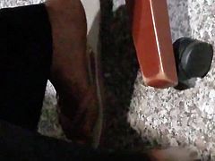 Co worker ebony feet in flip flops