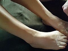 Creamy cum on my wife's feet
