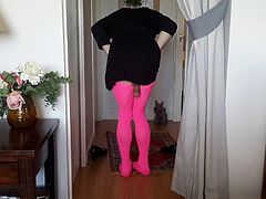 SissySlut Kalinka in pink opaque pantyhose