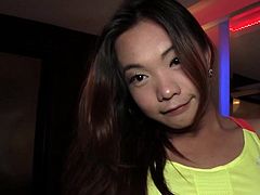Teen Thai tranny Mina pulls down her fitnes shorts and jumps on the bed and her cock bounces. Playful Mina gives guy a POV blowjob and spreads her legs for getting ass fucked bareback.