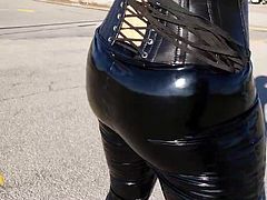 Shiny PVC Pants,High boots and leather Corset