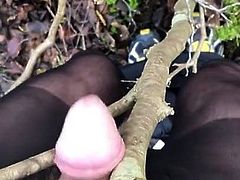 in the forest in pantyhose cumshot