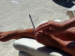 cute yng gf s sexy feet teasing smoking at pool