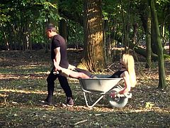 Master punishes blonde slave in the forest and teases her until she cums