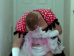 Diapered sissy princess in pretty red dress triple diapered