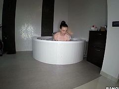 British milf with huge foamy boobs Harmony Reigns is fucked in a bubble bath