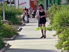Crossdresser Sissy in public wears Mini Dress and High Heels